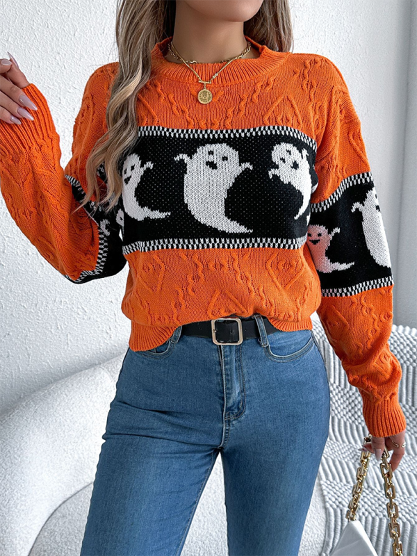 Halloween Themed Spooky Clashing Color Knit Long Sleeve Pullover Sweater—Festive and Stylish