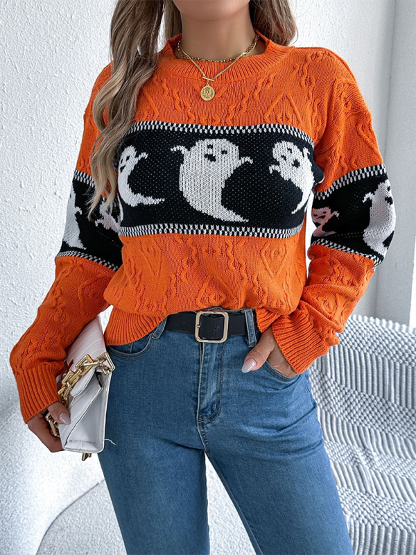 Halloween Themed Spooky Clashing Color Knit Long Sleeve Pullover Sweater—Festive and Stylish