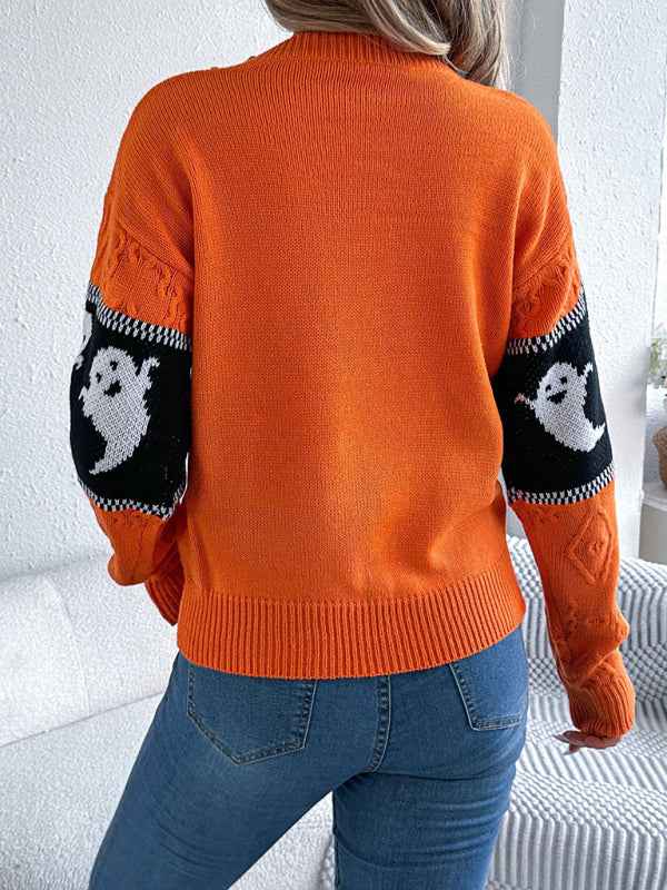 Halloween Themed Spooky Clashing Color Knit Long Sleeve Pullover Sweater—Festive and Stylish
