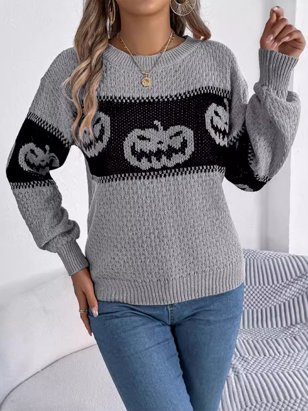 Halloween-Themed Pumpkin Head Knit Long Sleeve Pullover Sweater—Festive and Fun