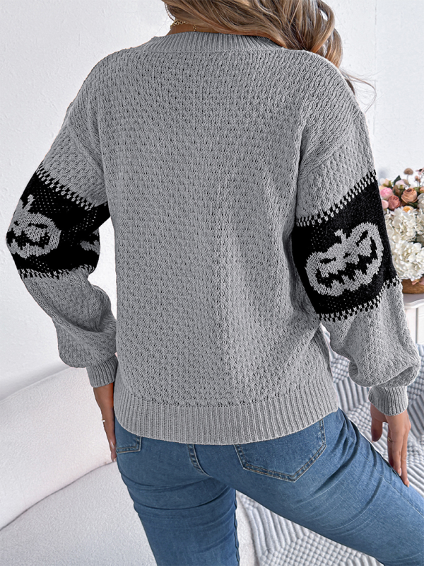 Halloween-Themed Pumpkin Head Knit Long Sleeve Pullover Sweater—Festive and Fun