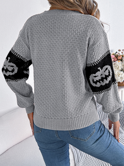 Halloween-Themed Pumpkin Head Knit Long Sleeve Pullover Sweater—Festive and Fun