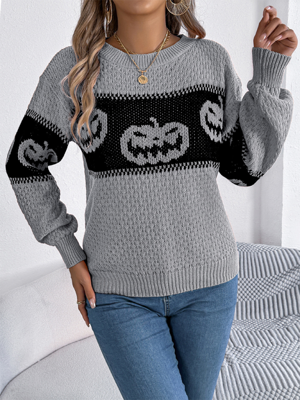 Halloween-Themed Pumpkin Head Knit Long Sleeve Pullover Sweater—Festive and Fun