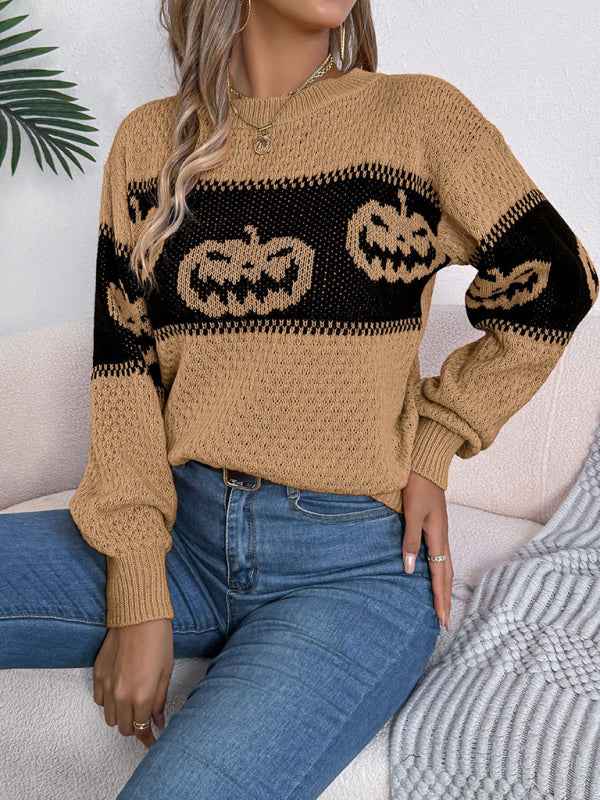 Halloween-Themed Pumpkin Head Knit Long Sleeve Pullover Sweater—Festive and Fun