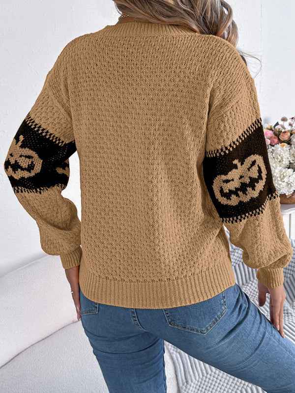 Halloween-Themed Pumpkin Head Knit Long Sleeve Pullover Sweater—Festive and Fun