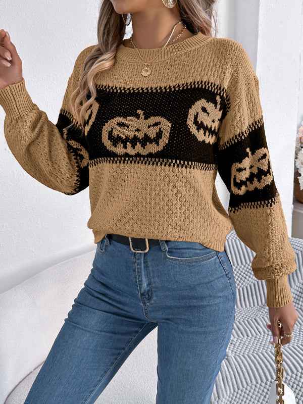 Halloween-Themed Pumpkin Head Knit Long Sleeve Pullover Sweater—Festive and Fun