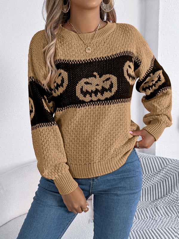 Halloween-Themed Pumpkin Head Knit Long Sleeve Pullover Sweater—Festive and Fun