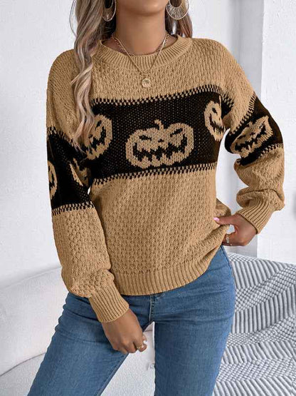 Halloween-Themed Pumpkin Head Knit Long Sleeve Pullover Sweater—Festive and Fun