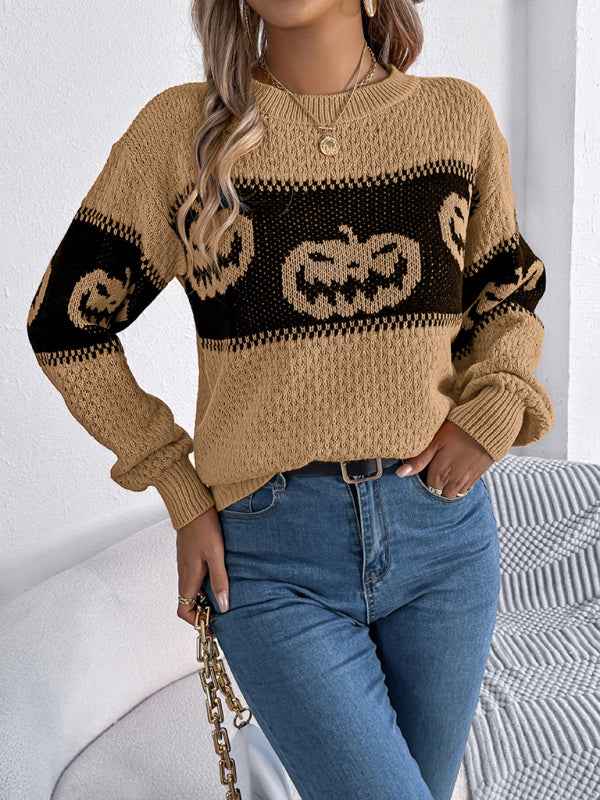 Halloween-Themed Pumpkin Head Knit Long Sleeve Pullover Sweater—Festive and Fun