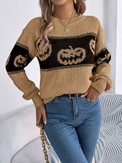Halloween-Themed Pumpkin Head Knit Long Sleeve Pullover Sweater—Festive and Fun