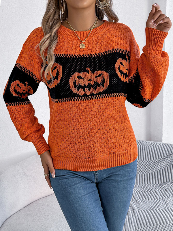 Halloween-Themed Pumpkin Head Knit Long Sleeve Pullover Sweater—Festive and Fun