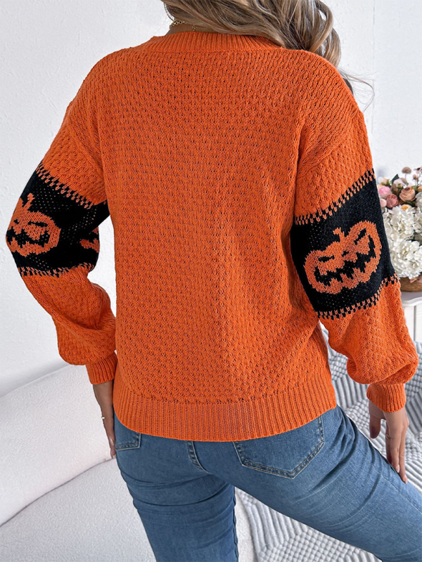 Halloween-Themed Pumpkin Head Knit Long Sleeve Pullover Sweater—Festive and Fun