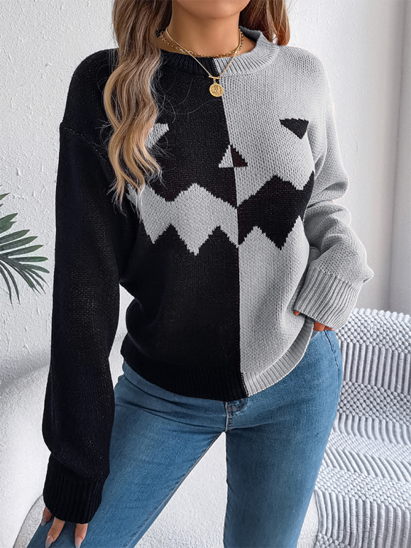 Halloween Spooky Pumpkin Clashing Colour Knit Long Sleeve Pullover Sweater—Festive and Fun for Women