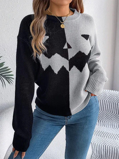 Halloween Pumpkin Sweater - Spooky Pumpkin Clashing Colour Knit Long Sleeve Pullover for Women - Shello's Creative Boutique