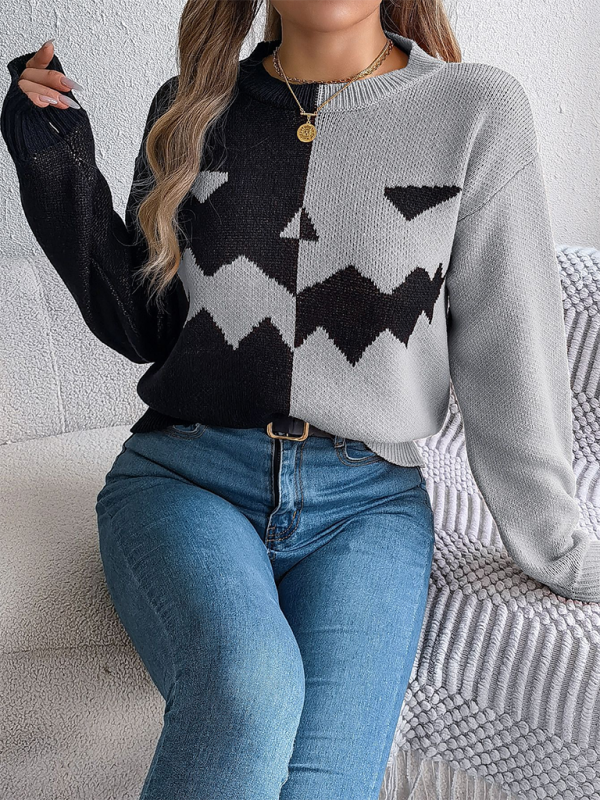 Halloween Spooky Pumpkin Clashing Colour Knit Long Sleeve Pullover Sweater—Festive and Fun for Women