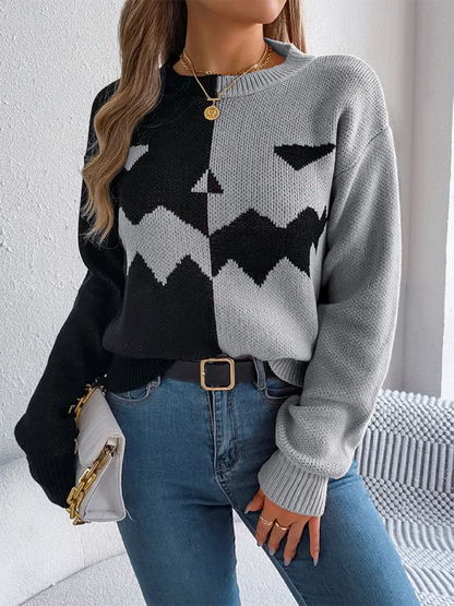 Halloween Pumpkin Sweater - Spooky Pumpkin Clashing Colour Knit Long Sleeve Pullover for Women - Shello's Creative Boutique