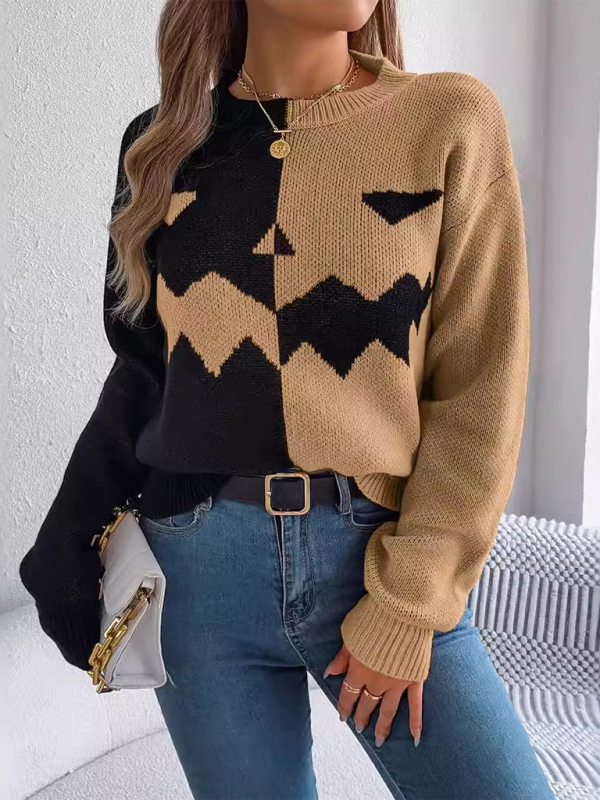 Halloween Spooky Pumpkin Clashing Colour Knit Long Sleeve Pullover Sweater—Festive and Fun for Women