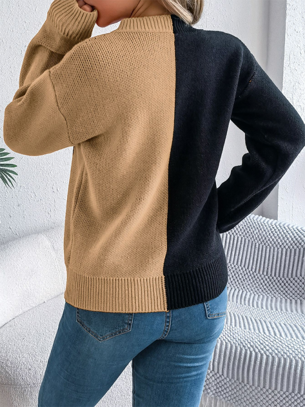 Halloween Spooky Pumpkin Clashing Colour Knit Long Sleeve Pullover Sweater—Festive and Fun for Women