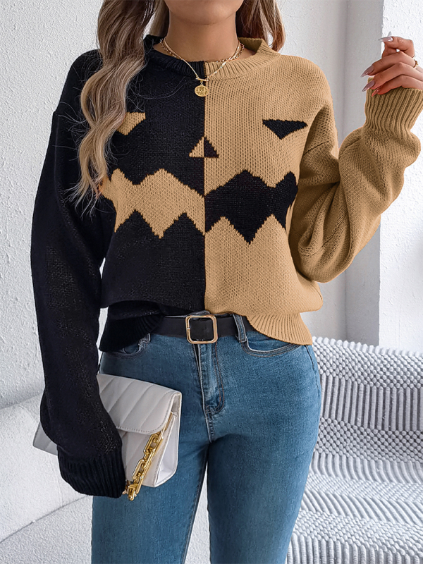 Halloween Spooky Pumpkin Clashing Colour Knit Long Sleeve Pullover Sweater—Festive and Fun for Women
