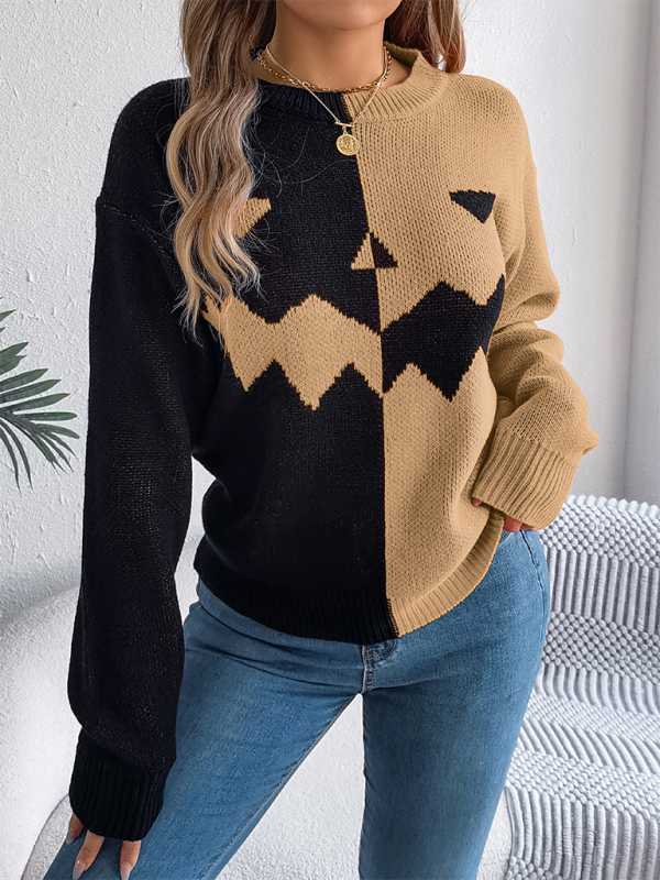Halloween Spooky Pumpkin Clashing Colour Knit Long Sleeve Pullover Sweater—Festive and Fun for Women