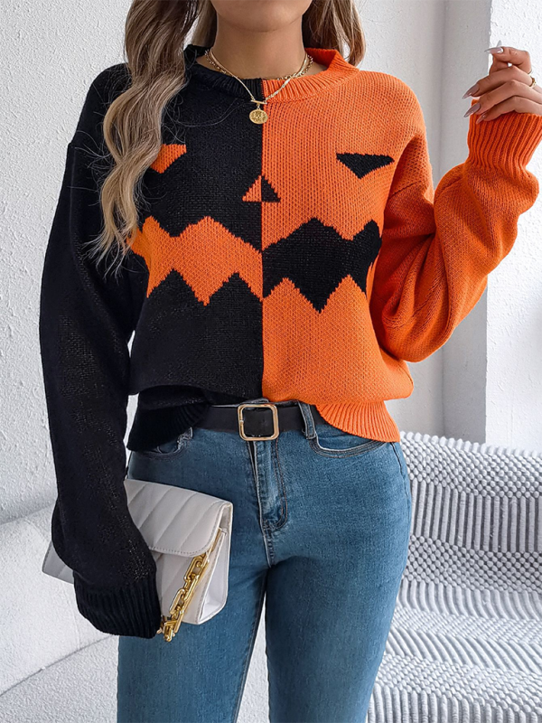 Halloween Spooky Pumpkin Clashing Colour Knit Long Sleeve Pullover Sweater—Festive and Fun for Women