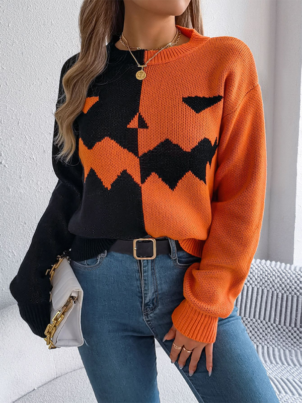 Halloween Spooky Pumpkin Clashing Colour Knit Long Sleeve Pullover Sweater—Festive and Fun for Women
