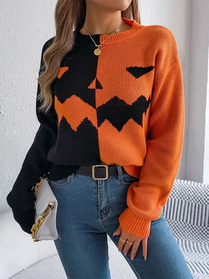 Halloween Pumpkin Sweater - Spooky Pumpkin Clashing Colour Knit Long Sleeve Pullover for Women - Shello's Creative Boutique