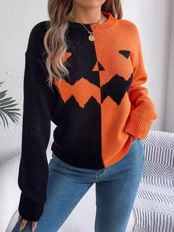 Halloween Spooky Pumpkin Clashing Colour Knit Long Sleeve Pullover Sweater—Festive and Fun for Women