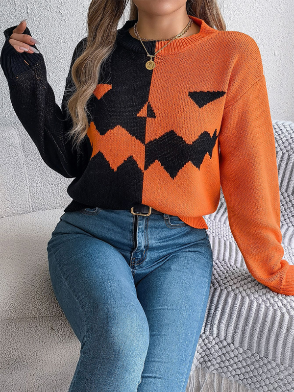 Halloween Spooky Pumpkin Clashing Colour Knit Long Sleeve Pullover Sweater—Festive and Fun for Women