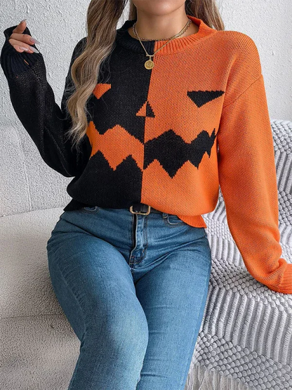 Halloween Pumpkin Sweater - Spooky Pumpkin Clashing Colour Knit Long Sleeve Pullover for Women - Shello's Creative Boutique