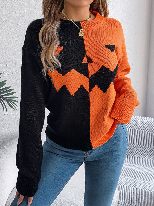 Halloween Spooky Pumpkin Clashing Colour Knit Long Sleeve Pullover Sweater—Festive and Fun for Women
