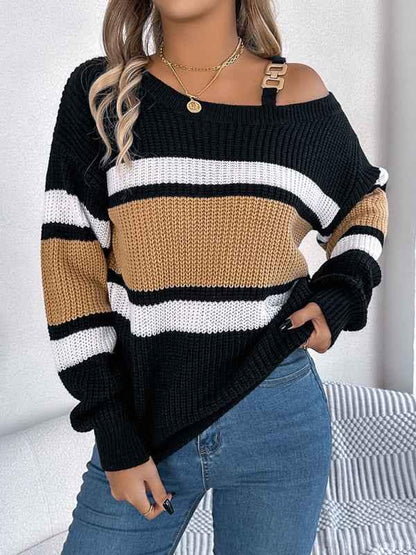 Casual Off Shoulder Sweater with Clashing Stripes and Lantern Sleeves - Shello's Creative Boutique