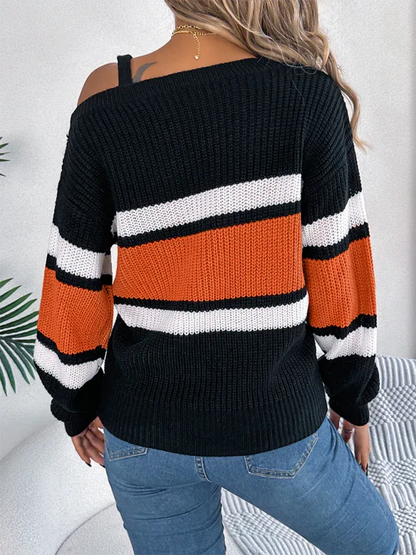 Casual Off Shoulder Sweater with Clashing Stripes and Lantern Sleeves - Shello's Creative Boutique