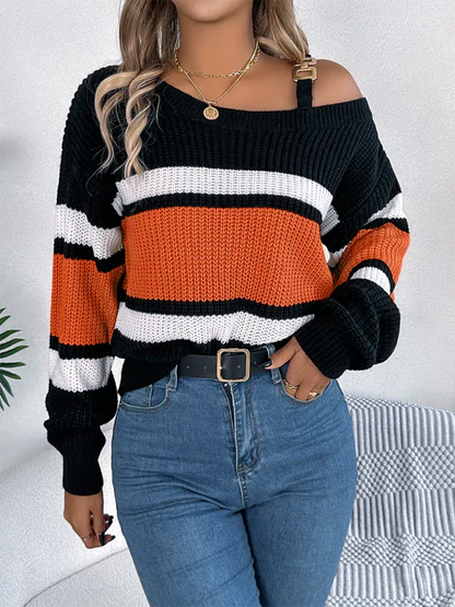 Casual Off Shoulder Sweater with Clashing Stripes and Lantern Sleeves - Shello's Creative Boutique