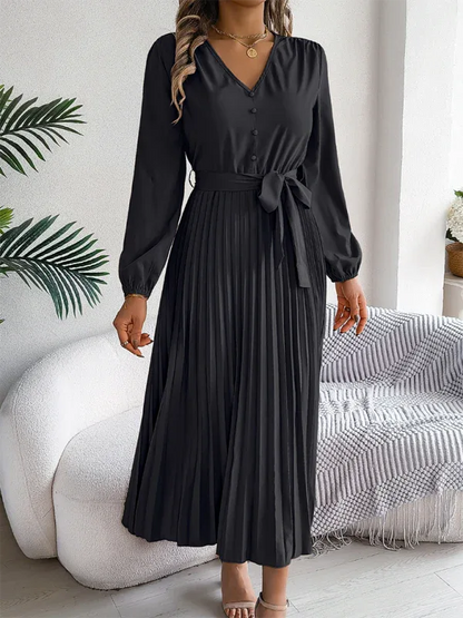 Elegant V-neck Pleated Dress with Button Tie Hem – Timeless Style - Shello's Creative Boutique