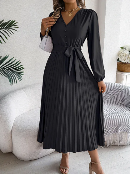 Elegant V-neck Pleated Dress with Button Tie Hem – Timeless Style - Shello's Creative Boutique