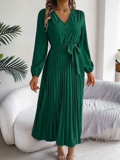 Elegant V-neck Pleated Dress with Button Tie Hem – Timeless Style - Shello's Creative Boutique
