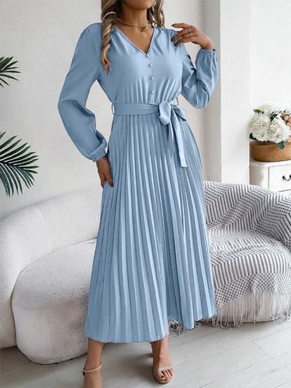 Elegant V-neck Pleated Dress with Button Tie Hem – Timeless Style - Shello's Creative Boutique