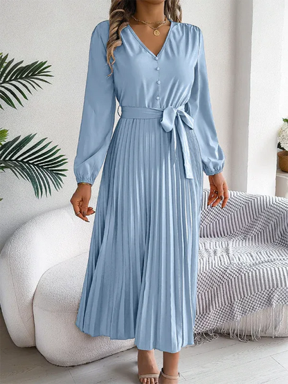 Elegant V-neck Pleated Dress with Button Tie Hem – Timeless Style - Shello's Creative Boutique