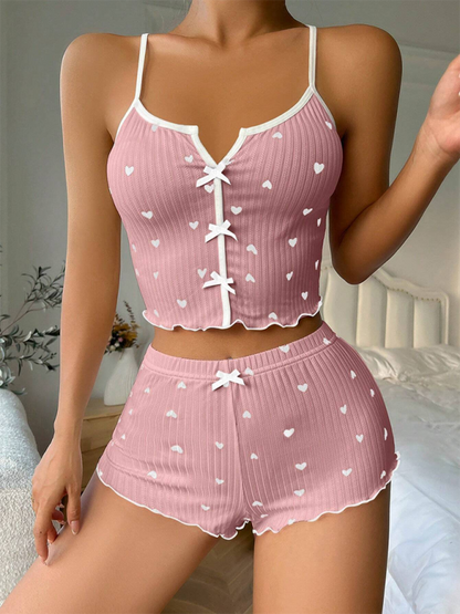 Heart Printed Colour Clashing Homewear Front Split Sling Sexy Pyjama Set