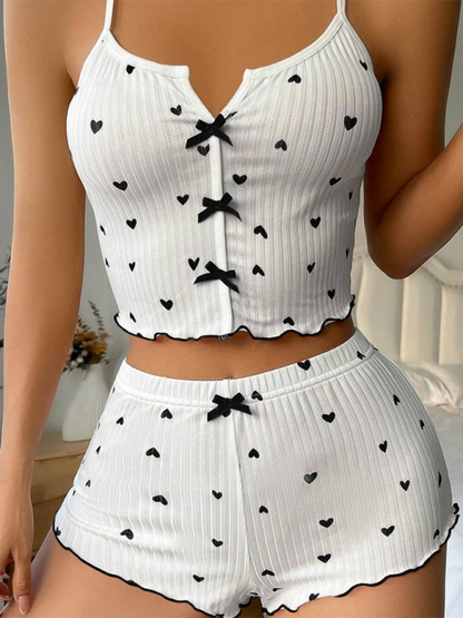 Heart Printed Colour Clashing Homewear Front Split Sling Sexy Pyjama Set