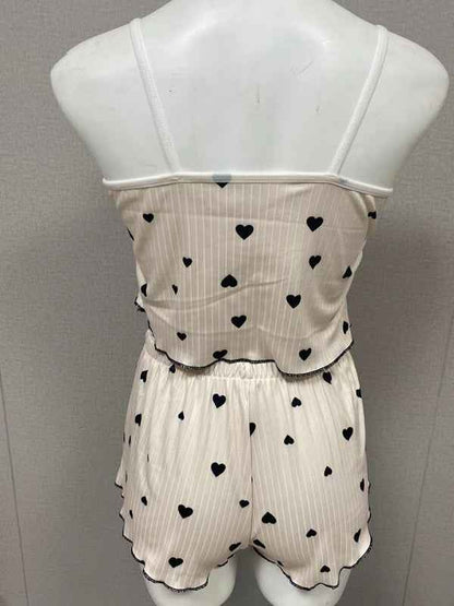 Heart Printed Colour Clashing Homewear Front Split Sling Sexy Pyjama Set