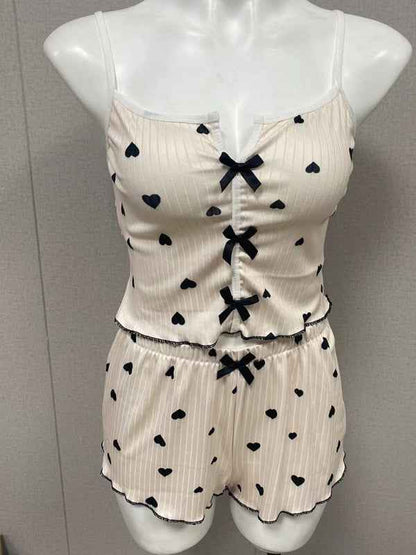 Heart Printed Colour Clashing Homewear Front Split Sling Sexy Pyjama Set