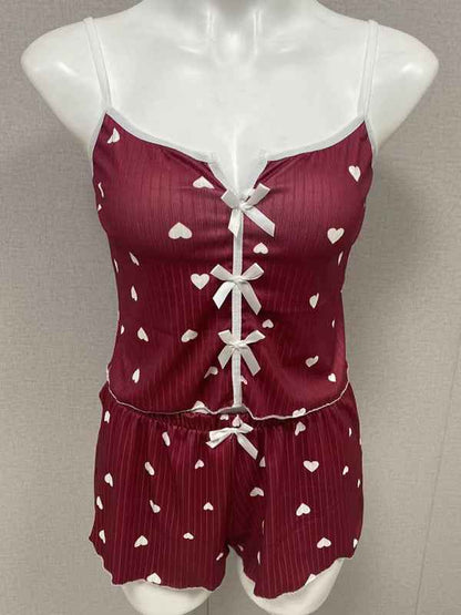 Heart Printed Colour Clashing Homewear Front Split Sling Sexy Pyjama Set