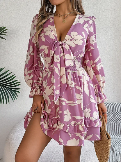 Casual Floral A-Line Dress with Lace-Up Long Sleeves and Wooden Ear Trim - Shello's Creative Boutique