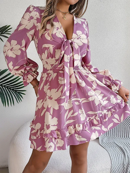 Casual Floral A-Line Dress with Lace-Up Long Sleeves and Wooden Ear Trim - Shello's Creative Boutique