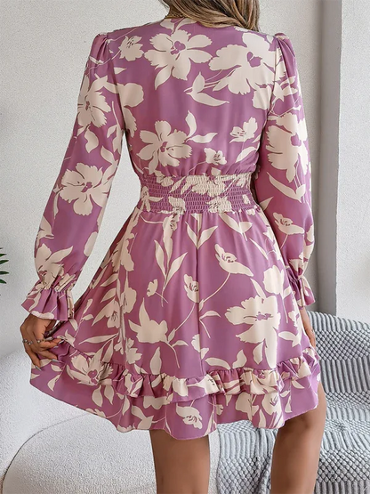 Casual Floral A-Line Dress with Lace-Up Long Sleeves and Wooden Ear Trim - Shello's Creative Boutique