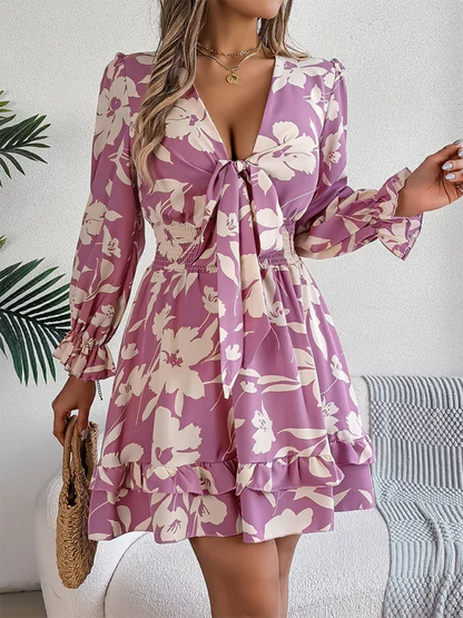 Casual Floral A-Line Dress with Lace-Up Long Sleeves and Wooden Ear Trim - Shello's Creative Boutique
