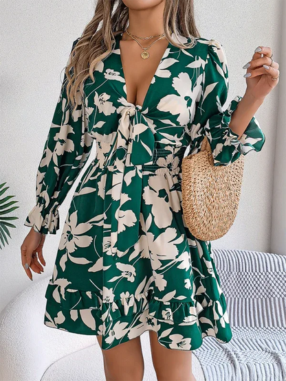 Casual Floral A-Line Dress with Lace-Up Long Sleeves and Wooden Ear Trim - Shello's Creative Boutique