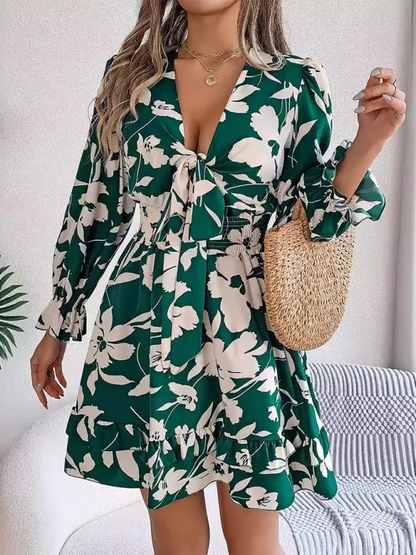 Casual Floral A-Line Dress with Lace-Up Long Sleeves and Wooden Ear Trim - Shello's Creative Boutique